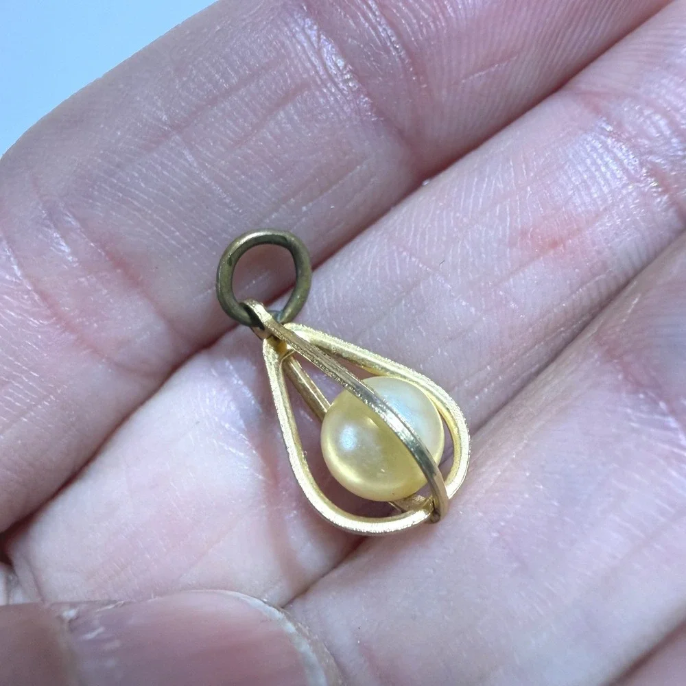 Vintage Gold Tone Faux Pearl Teardrop Cage Pendant Charm Minimalist Dainty
